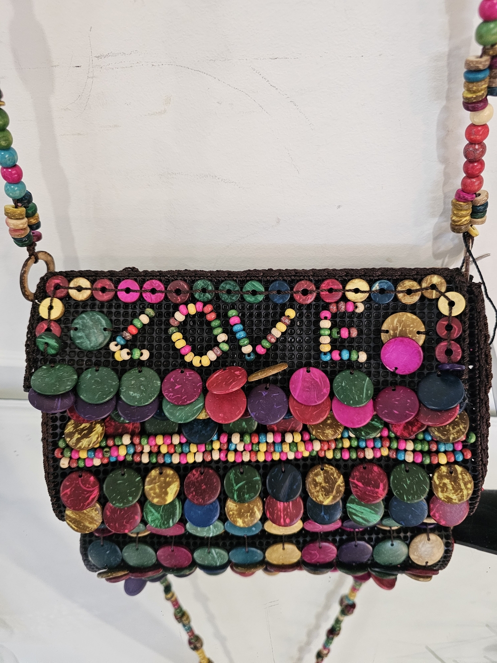 Boho Handcrafted Coconut Shell Colorful Beaded 'LOVE' Crossbody Bag - Multicolor